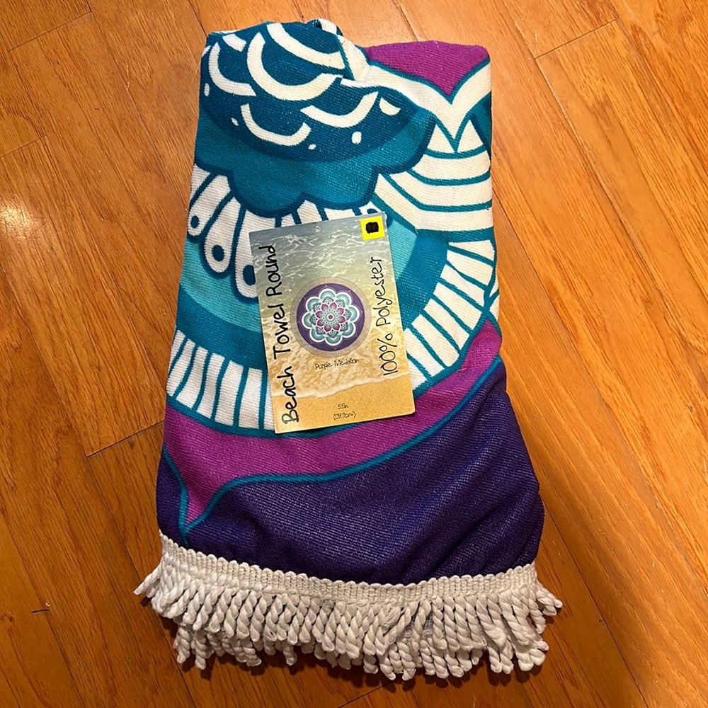 55in Round Beach Towel purple medallion new 55”